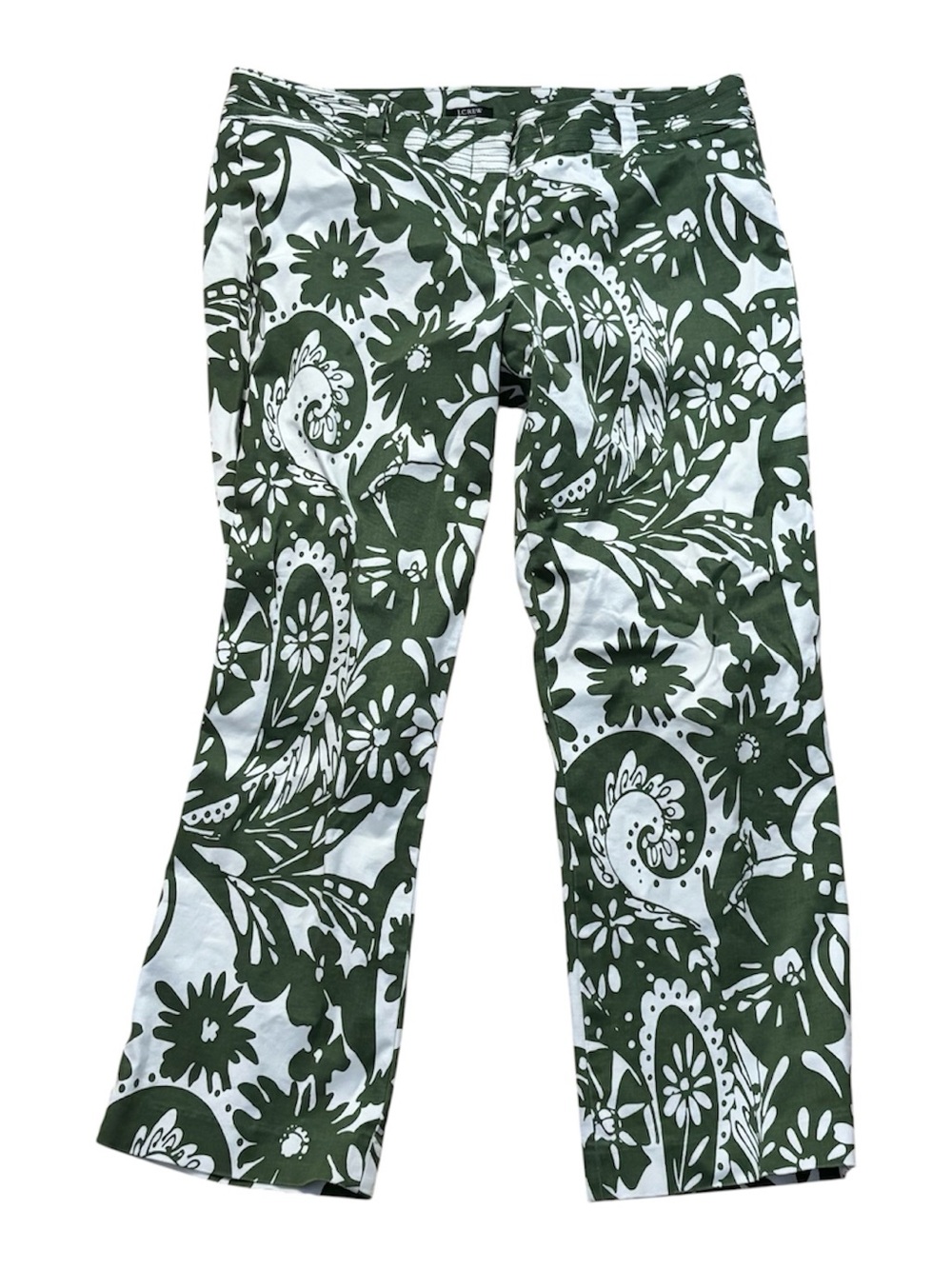 J. Crew City Fit Cropped Pants Womens Size 8 Green White Paisley Pattern Office